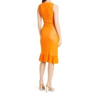 Fuzzi orange‎ ruffle mesh midi dress